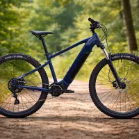 VTT électrique Rockrider E-EXPL 140 de Decathlon posé sur un chemin forestier, illustrant un modèle accessible et polyvalent pour les sorties tout-terrain.