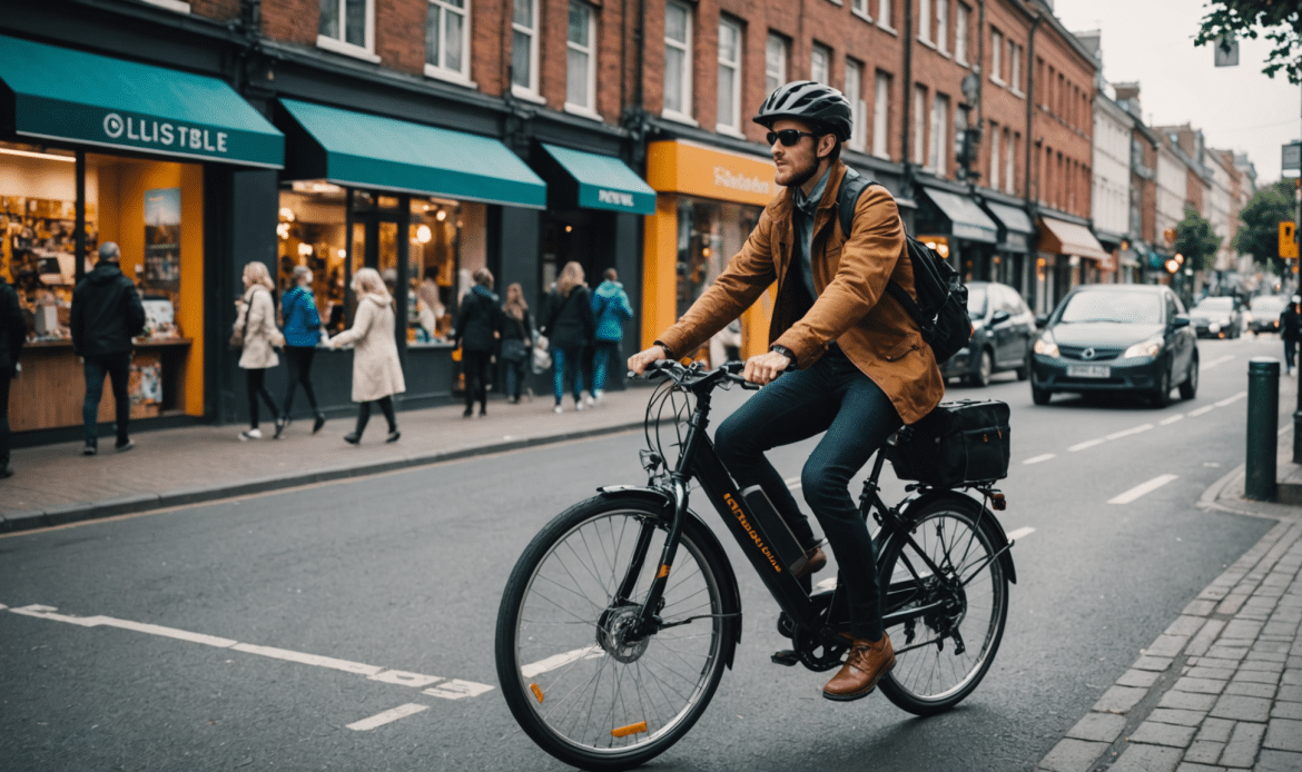 Cycliste urbain portant un casque circulant en vélo électrique dans une rue commerçante animée en centre-ville.