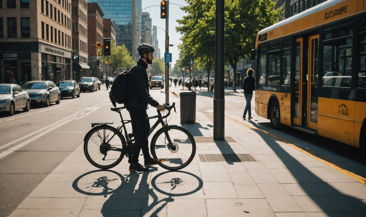 Cycliste en ville utilisant un vélo urbain comme moyen de transport durable dans la circulation urbaine