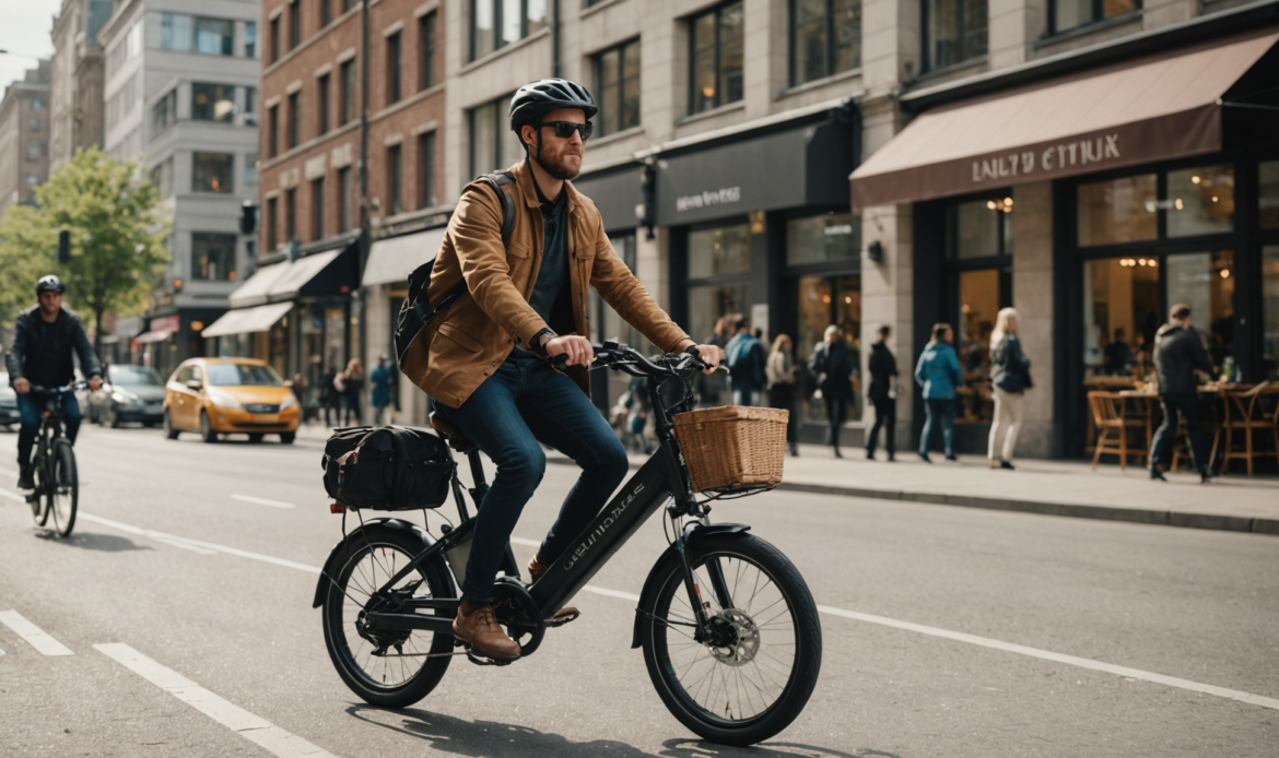 Homme circulant en vélo électrique équipé d’un panier et de sacoches dans une rue commerçante animée, illustrant l’usage quotidien du VAE en ville.