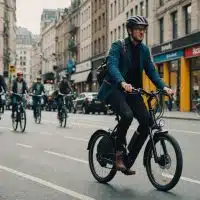 Plusieurs cyclistes en vélo électrique roulant en milieu urbain aux côtés d’un bus, illustrant la mobilité douce en ville.