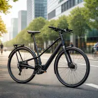 Vélo urbain électrique Orbea Carpe 2026 sur une piste cyclable dans un environnement urbain moderne