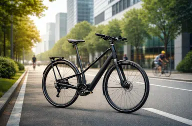 Vélo urbain électrique Orbea Carpe 2026 sur une piste cyclable dans un environnement urbain moderne