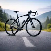 Vélo électrique Newton[e] ultra léger en carbone posé sur une route de montagne