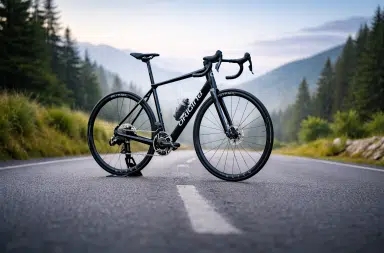 Vélo électrique Newton[e] ultra léger en carbone posé sur une route de montagne