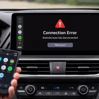 Écran Android Auto affichant une erreur de connexion dans une voiture avec smartphone branché