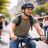 Cycliste urbain portant un casque circulant en ville avec un vélo électrique