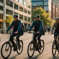 Plusieurs cyclistes se déplacent à vélo dans une grande ville illustrant la mobilité urbaine durable