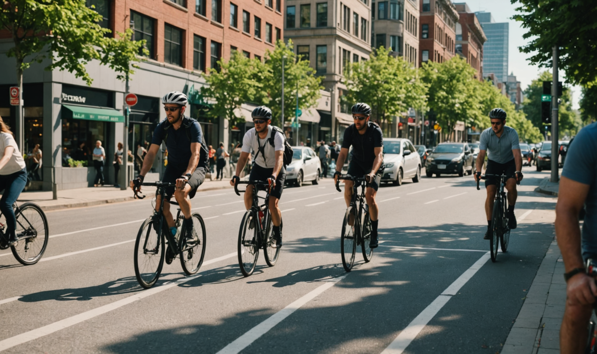Groupe de cyclistes circulant sur une piste cyclable dans une grande ville illustrant la mobilité urbaine durable