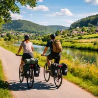 Cycliste en randonnée à vélo avec sacoches sur une voie verte en pleine nature