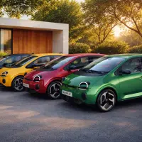 Plusieurs Renault Twingo électriques colorées stationnées en ville illustrant l’accès au bonus écologique