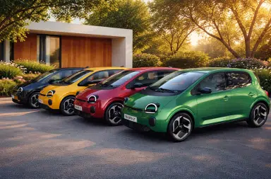 Plusieurs Renault Twingo électriques colorées stationnées en ville illustrant l’accès au bonus écologique