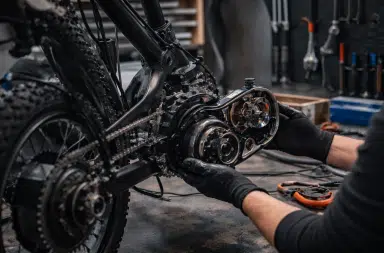 Mécanicien réparant le moteur d’un vélo électrique en atelier pour prévenir les pannes