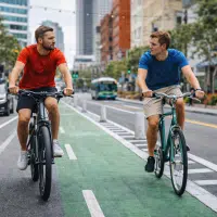 Cyclistes roulant en ville sur un vélo classique et un vélo électrique pour comparer l’effort physique