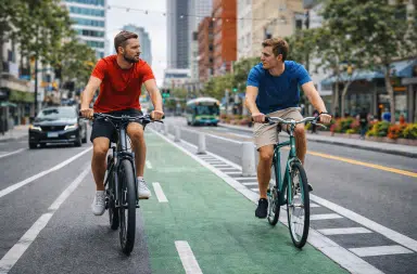 Cyclistes roulant en ville sur un vélo classique et un vélo électrique pour comparer l’effort physique