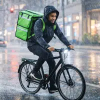 Livreur à vélo roulant sous la pluie en ville avec un sac de livraison sur le dos