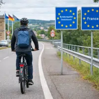 Cycliste en vélo électrique roulant sur une route avec réglementation différente entre France et Allemagne