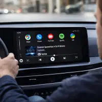 Interface Android Auto affichant YouTube en mode audio sur écran de voiture connectée