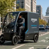 Vélo-cargo électrique effectuant une livraison en centre-ville