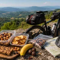 Snacks randonnée vélo avec fruits secs et encas énergétiques pendant une pause cycliste