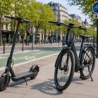 Trottinette électrique et vélo électrique stationnés en ville