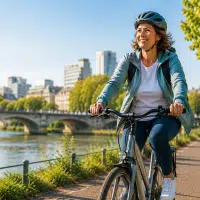 Femme faisant du vélo en ville pour prévenir et mieux gérer le diabète