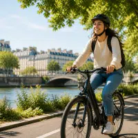 Femme faisant du vélo en ville au bord de l’eau illustrant les bienfaits sur la santé