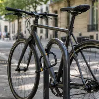 Vélo attaché à un arceau urbain avec un antivol en U