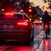 Feux stop rouges allumés d'une voiture en freinage, avec un cycliste à distance derrière elle