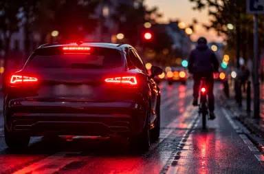 Feux stop rouges allumés d'une voiture en freinage, avec un cycliste à distance derrière elle