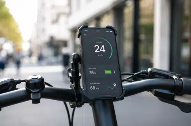 Smartphone fixé au guidon d'un vélo électrique affichant un tableau de bord de conduite