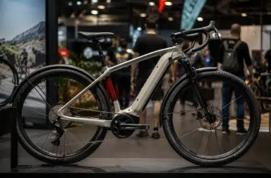 Vélos électriques exposés sur un salon du cycle