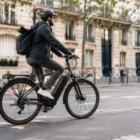 Cycliste casqué sur un vélo électrique en libre-service en France