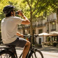 Cycliste s'hydratant à vélo sous un fort soleil d'été