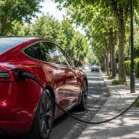 Voiture électrique en charge sur fond de nature, illustrant son bilan écologique